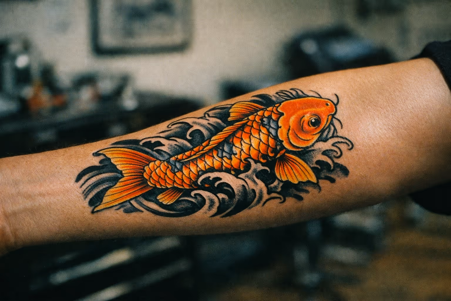 Editorial hero: healed Koi Fish tattoo on forearm under soft studio lighting, showcasing bold linework and vibrant color on skin