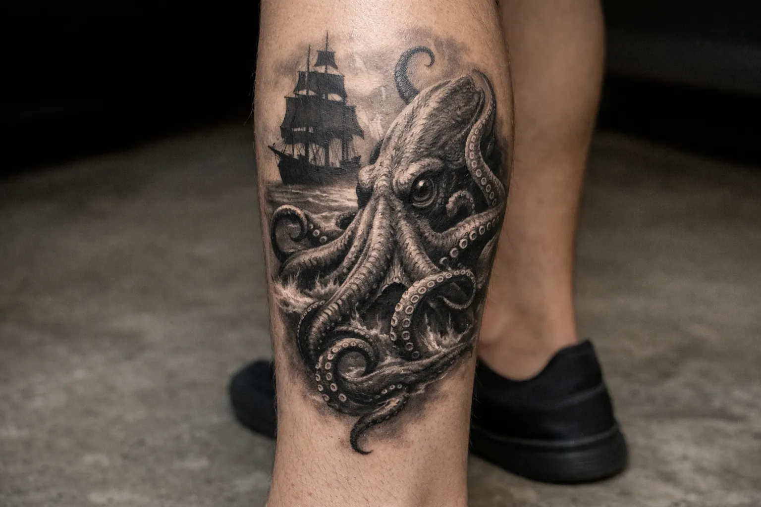 A person displays a detailed kraken and ship tattoo on their lower leg.