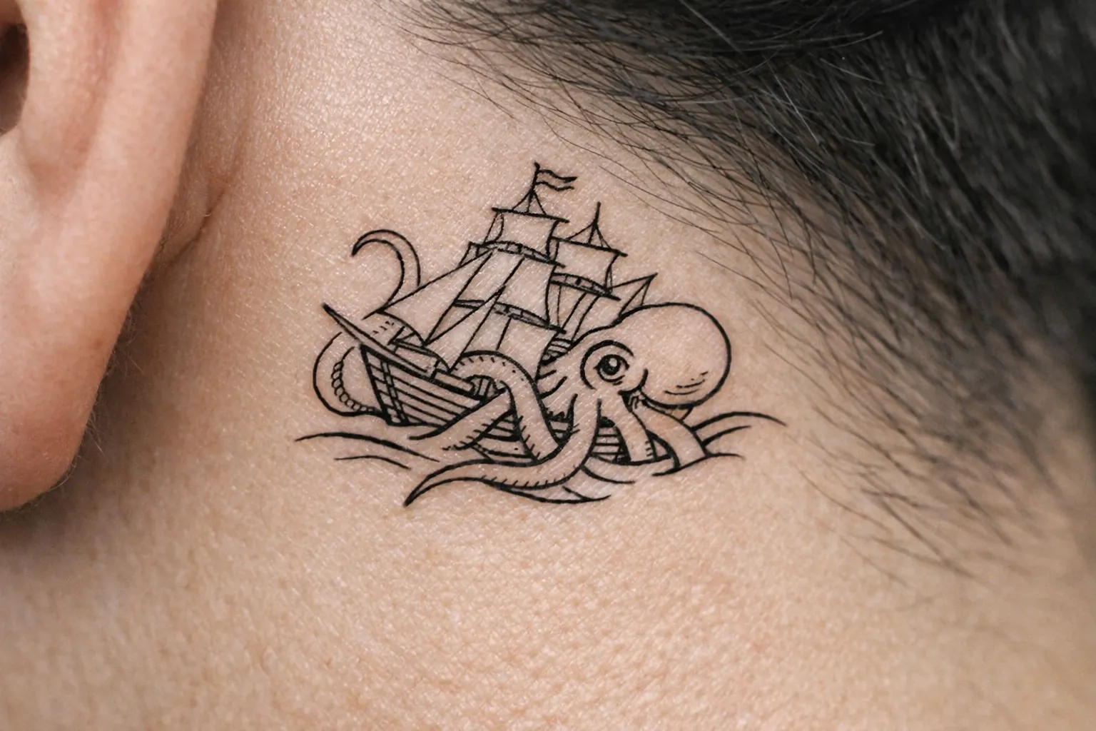 A small tattoo of a kraken attacking a ship behind a person's ear.