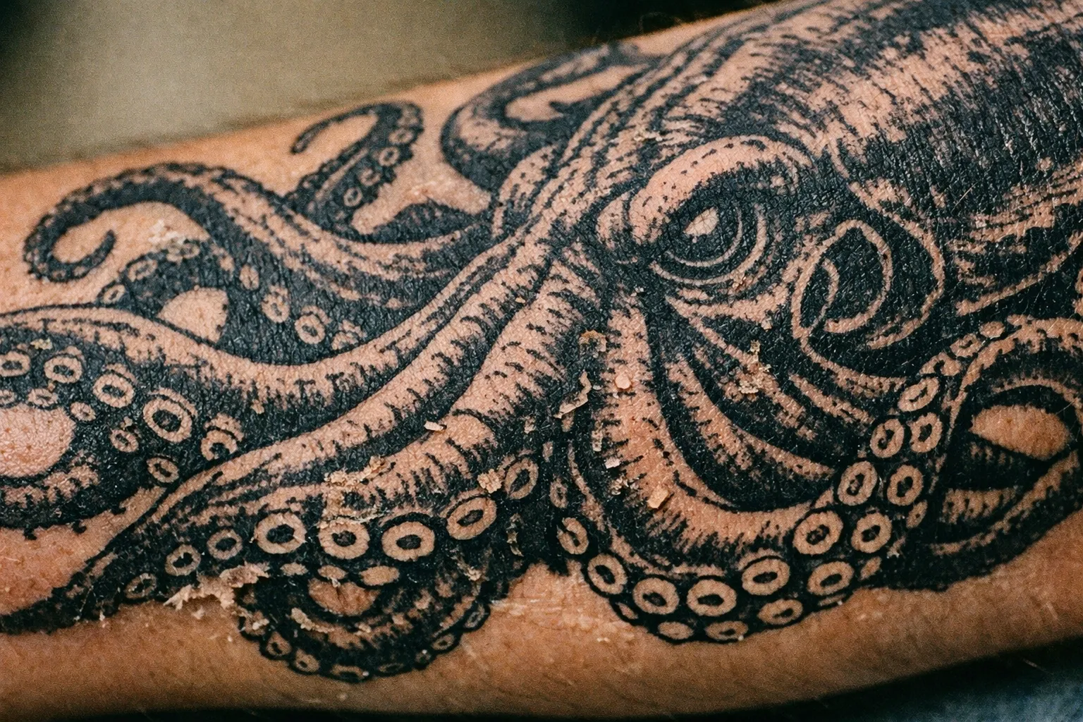 Forearm Kraken tattoo in healing stage with rich ink and matte skin