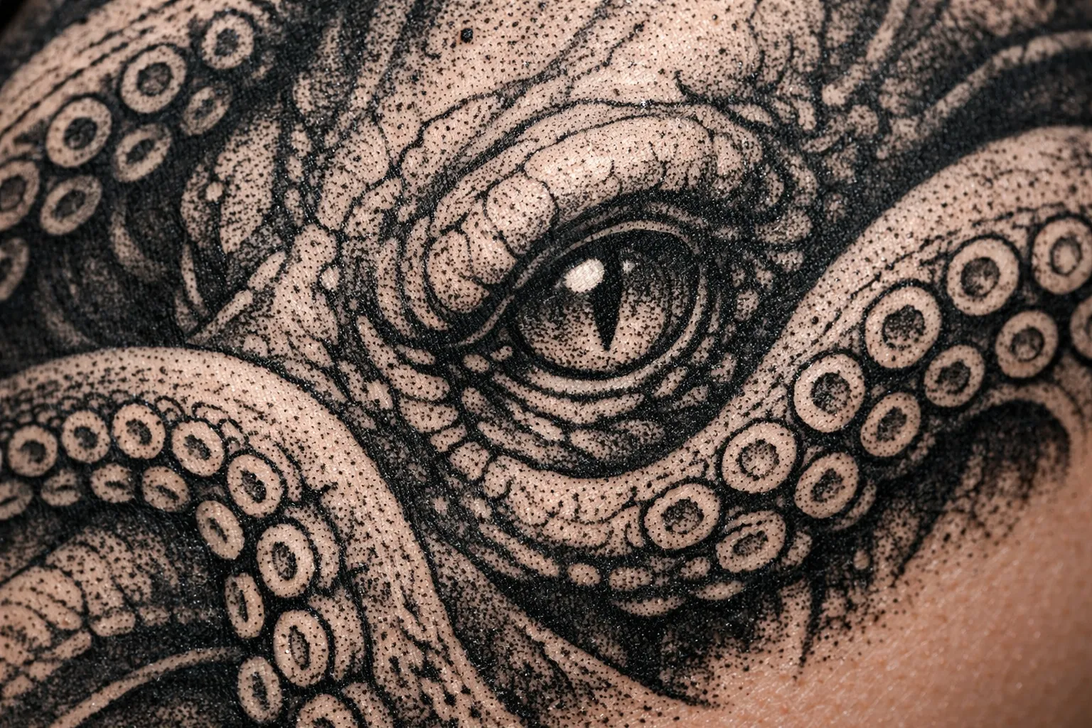 A detailed kraken tattoo with an eye and tentacles inked on human skin.