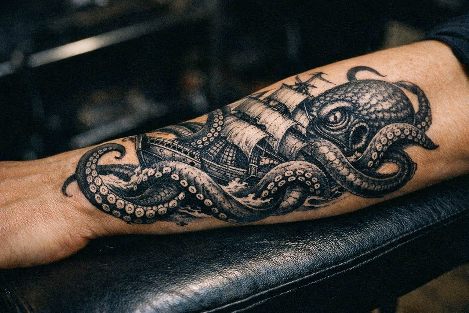 A large Kraken tattoo on a forearm, with bold black linework and subtle shading.