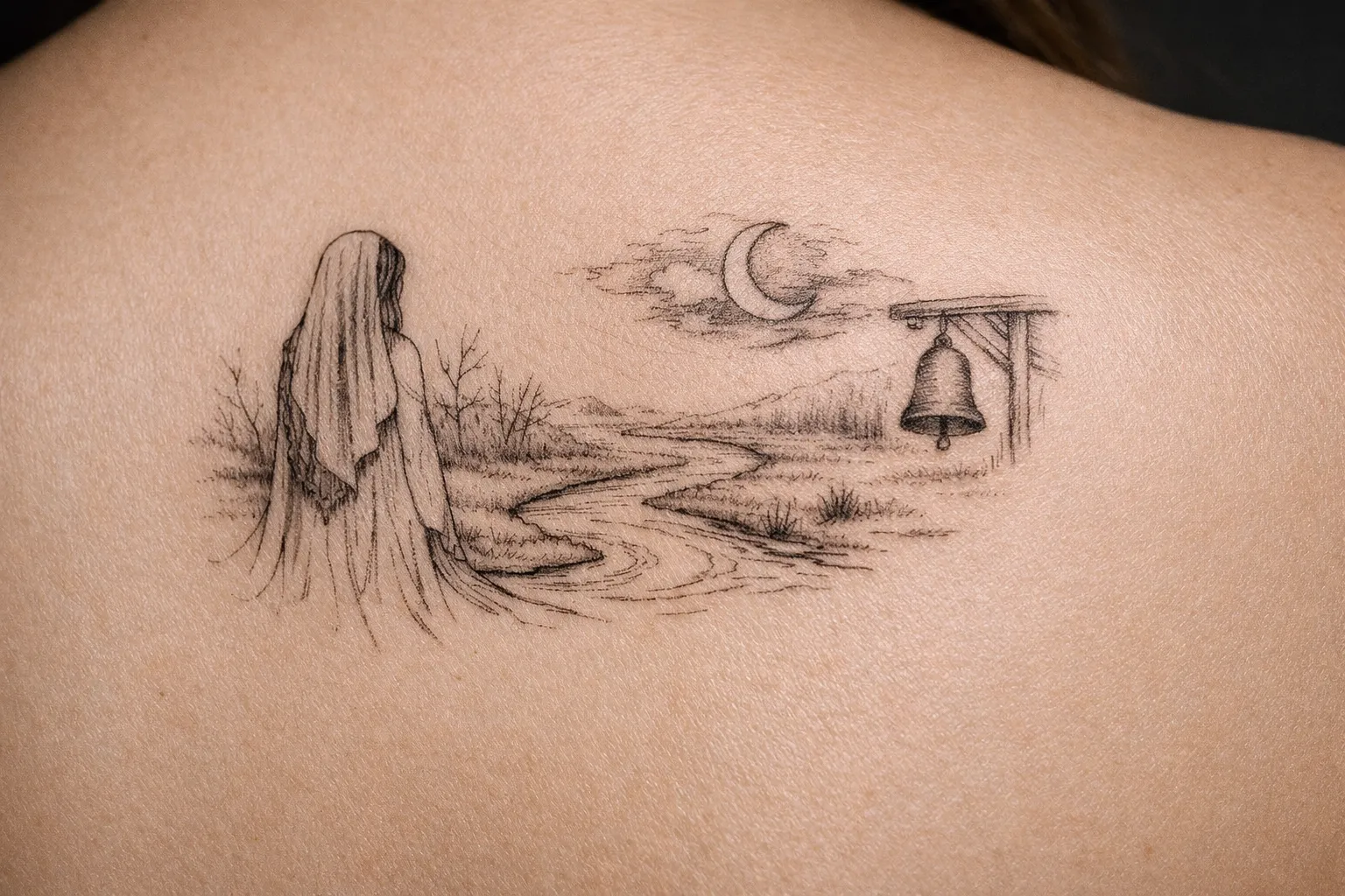 Tattoo of a veiled figure by a river with a crescent moon and bell on someone's back.