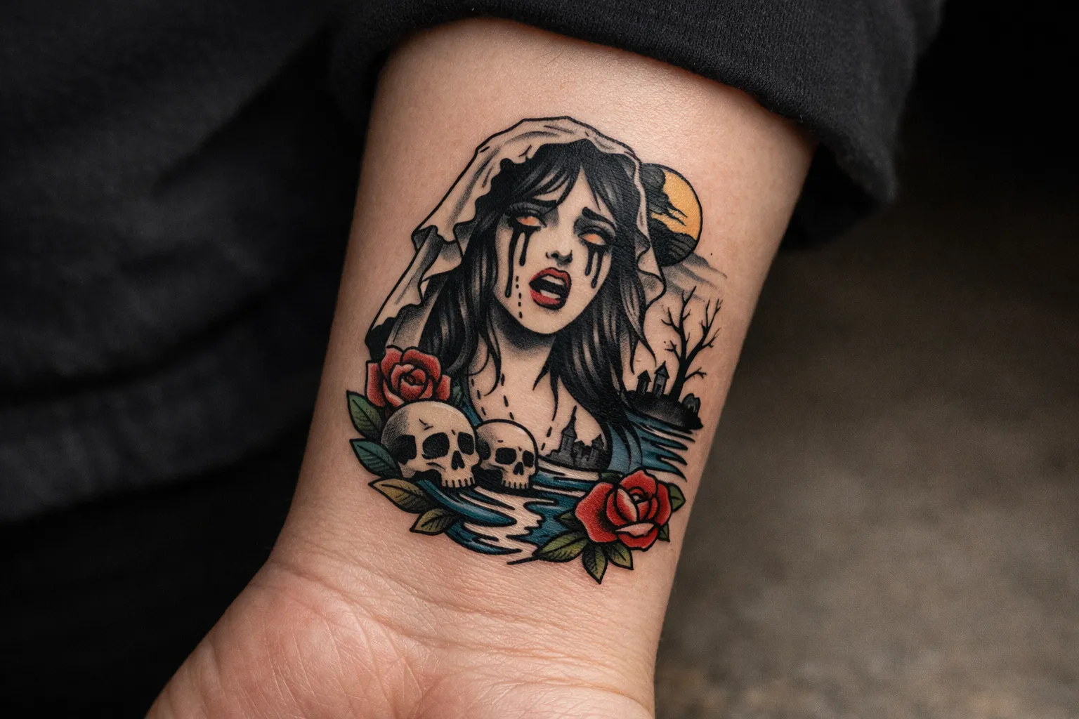 A tattoo of a weeping woman with skulls, roses, and a river on a person's forearm.