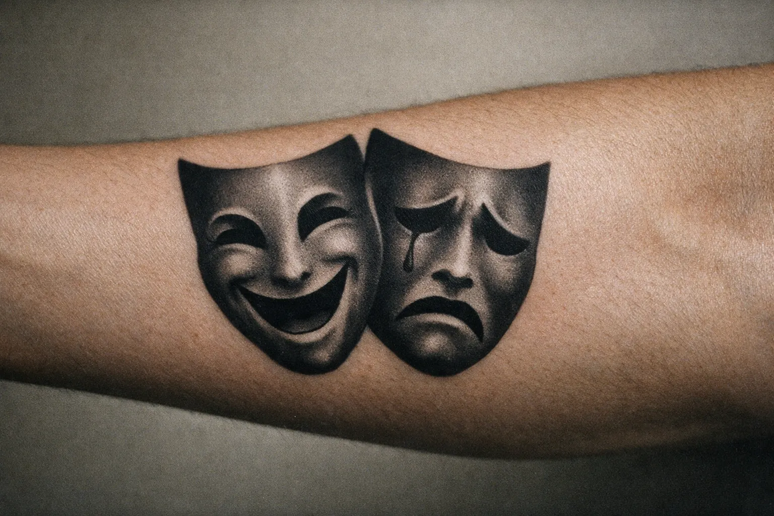 Forearm tattoo close-up showing Laugh Now Cry Later design with two theater-mask silhouettes