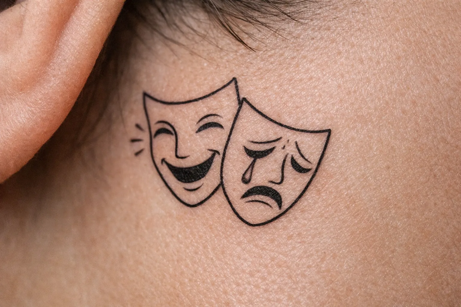 A laugh now cry later mask tattoo is inked behind a person's ear.