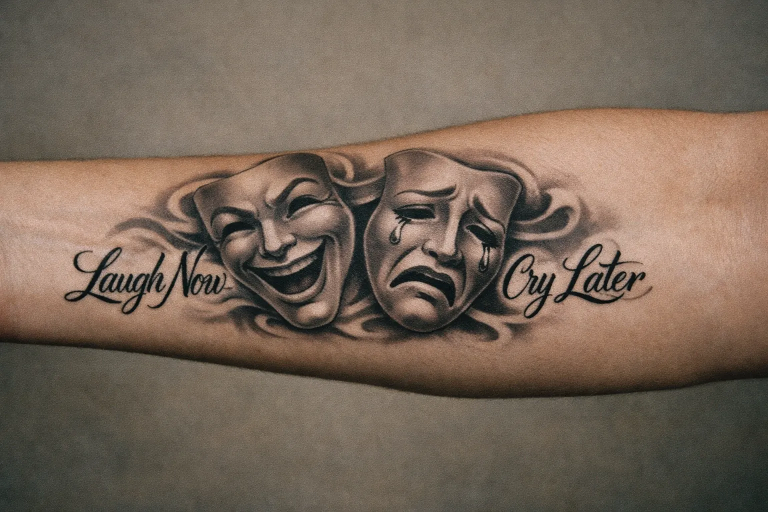 Forearm tattoo aftercare-ready look; healed black-and-gray Laugh Now Cry Later tattoo
