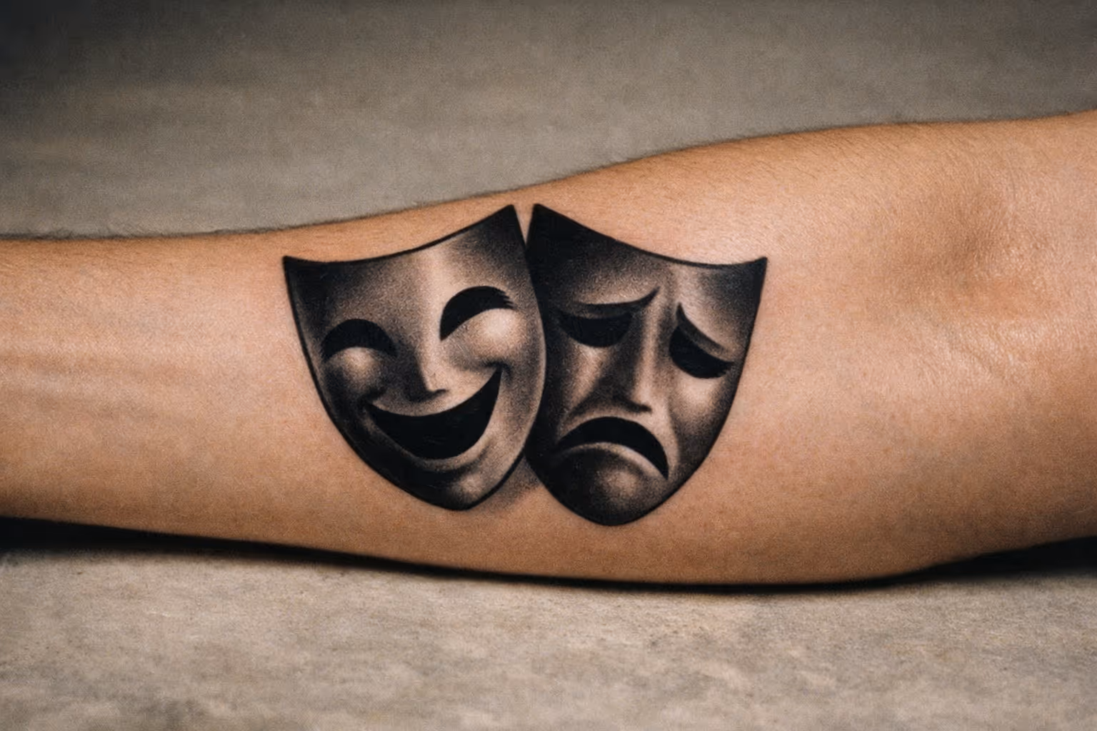 Laugh Now Cry Later tattoo in black-and-gray realism, two theater-mask silhouettes on a single forearm