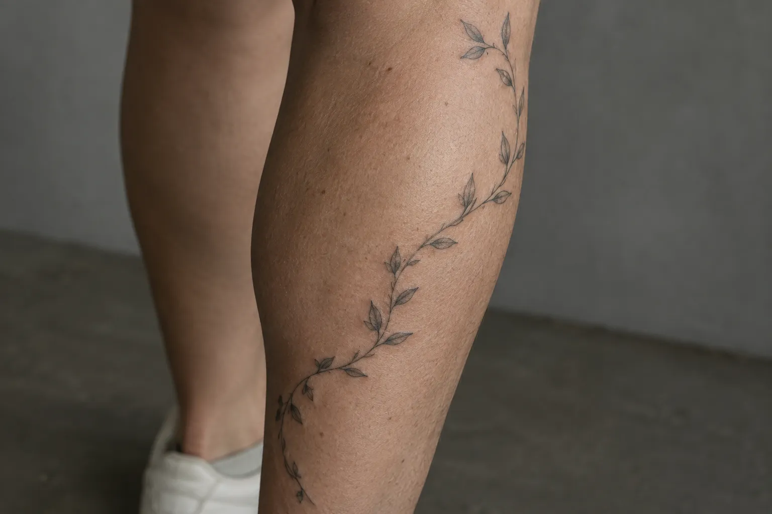 A leafy vine tattoo curves along a person's calf, with the other leg visible behind it.