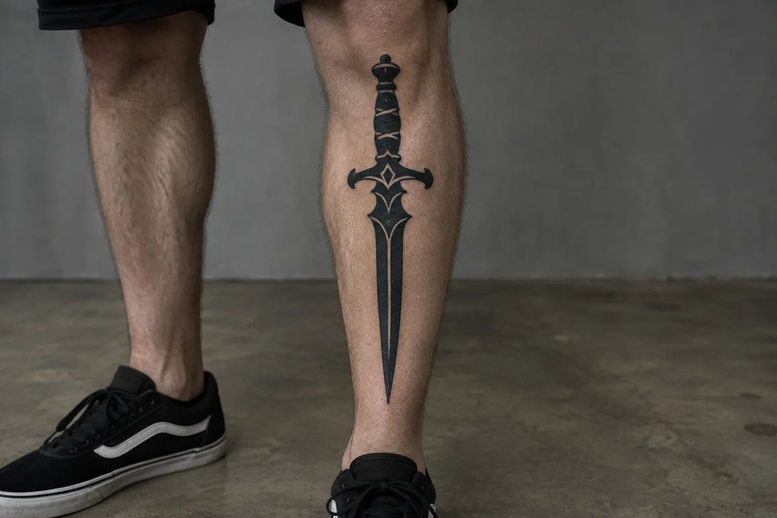 A person stands in sneakers with a black dagger tattoo running down the front of the shin.