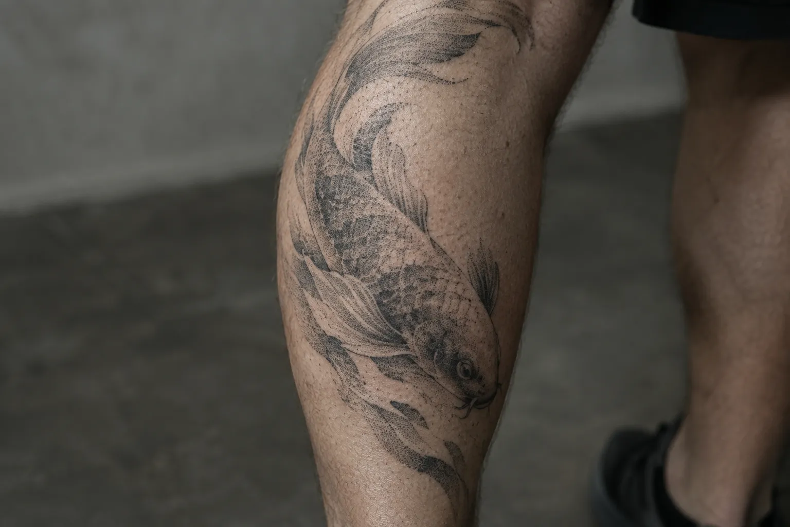 A dotwork koi tattoo curves down the back of a person's calf.