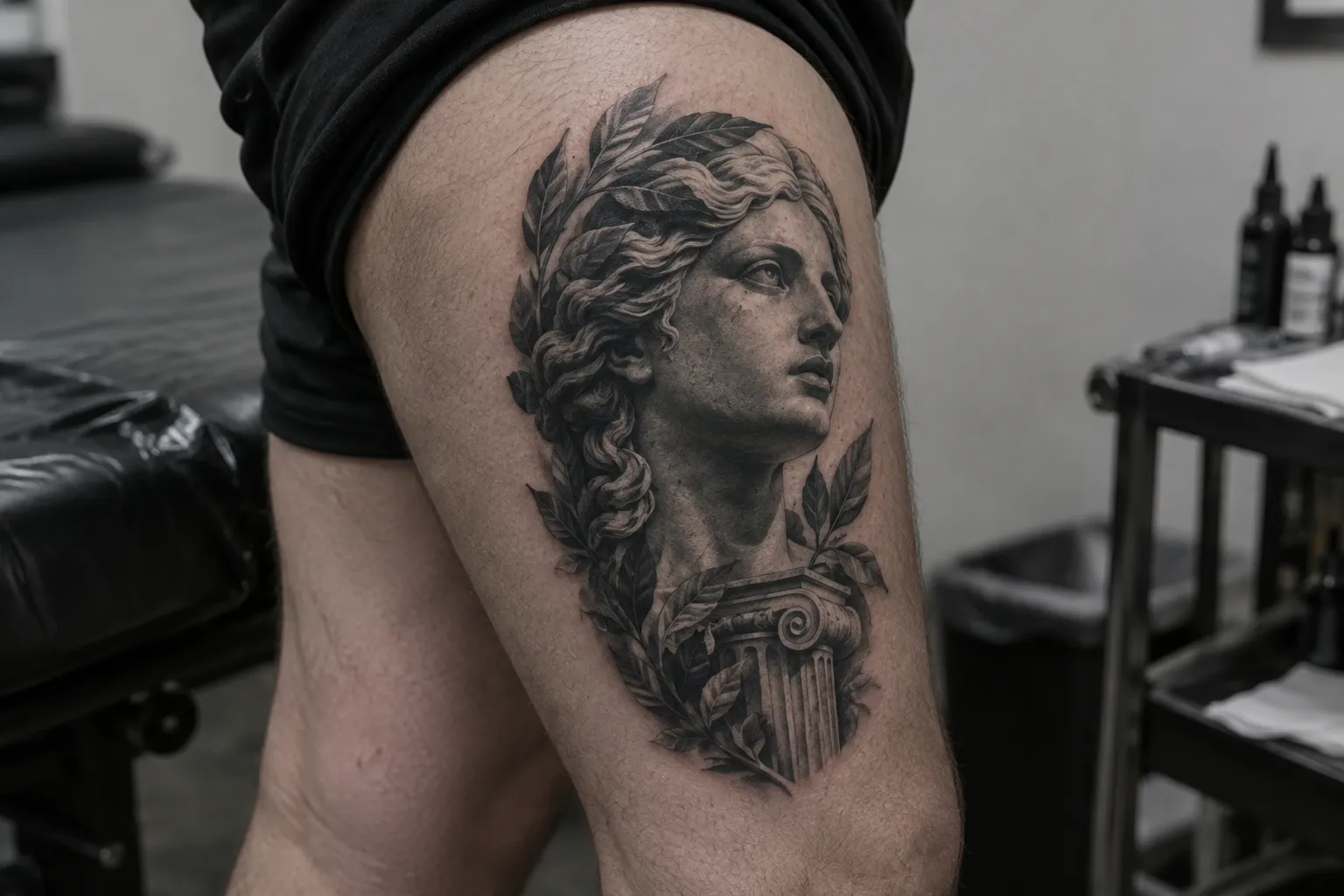 A person shows a classical portrait tattoo on their thigh in a tattoo studio.