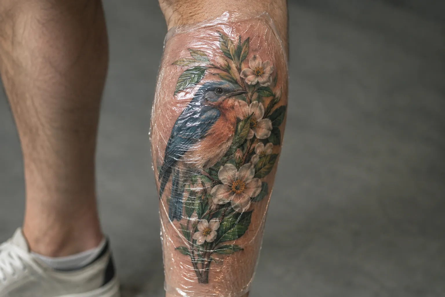 A fresh bird-and-flower tattoo covers a person's calf beneath clear protective wrap.