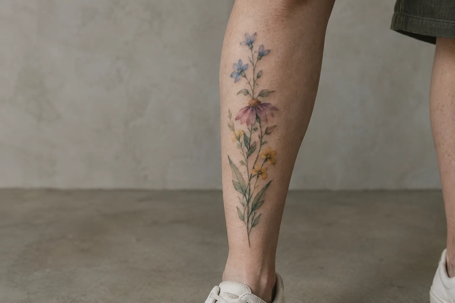 A person has a long floral tattoo running down the calf in a plain indoor setting.