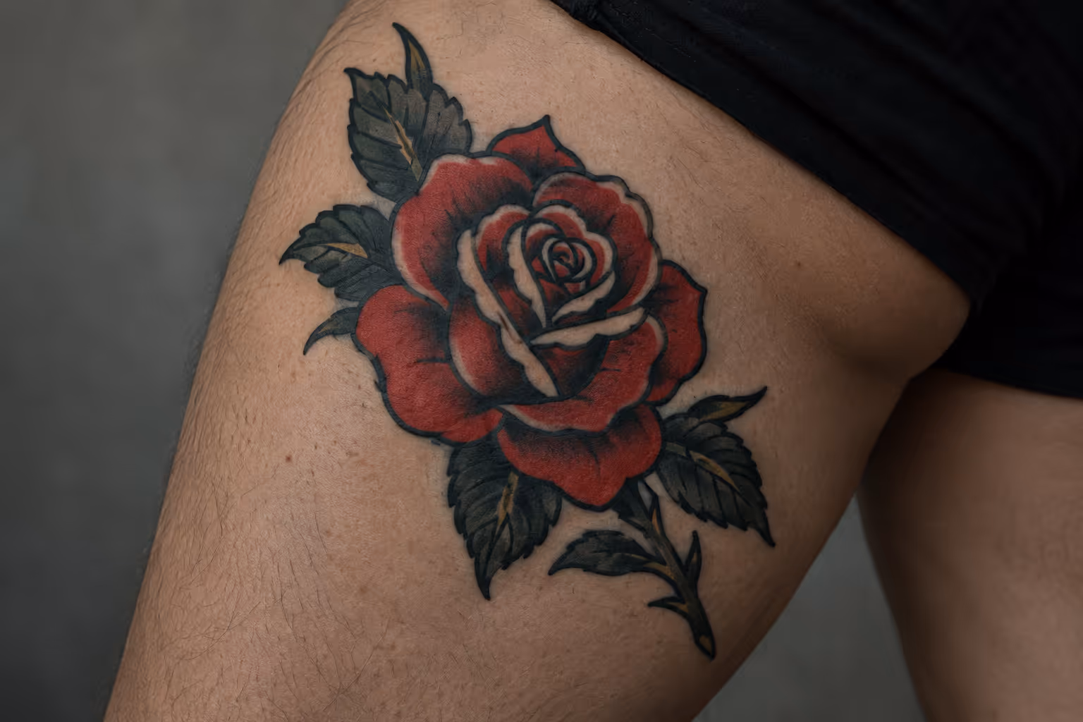 A red rose tattoo covers the thigh of a seated person.