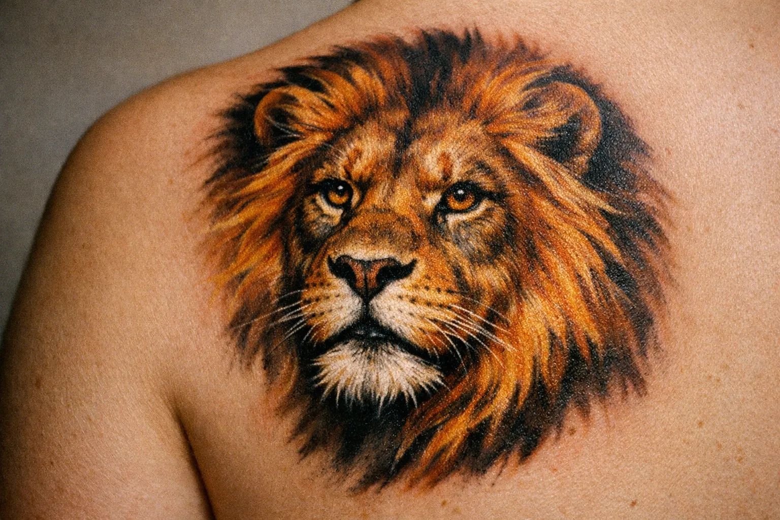 A detailed lion head tattoo is shown on a person's upper back.