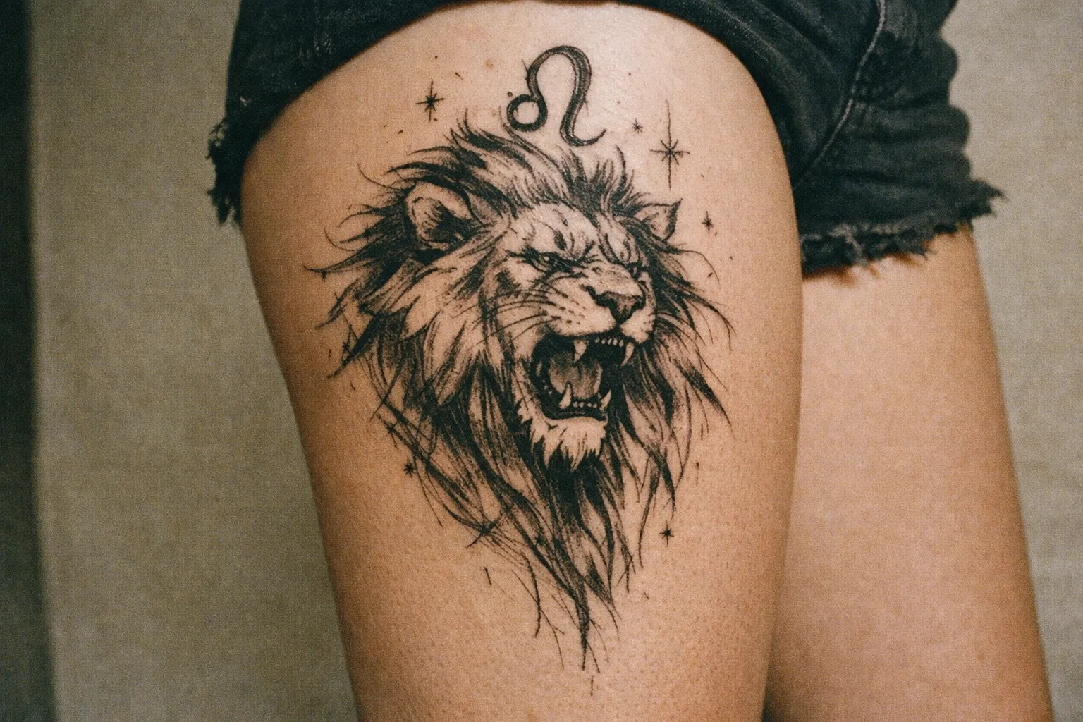A roaring lion and Leo zodiac symbol tattooed on a person's upper thigh.