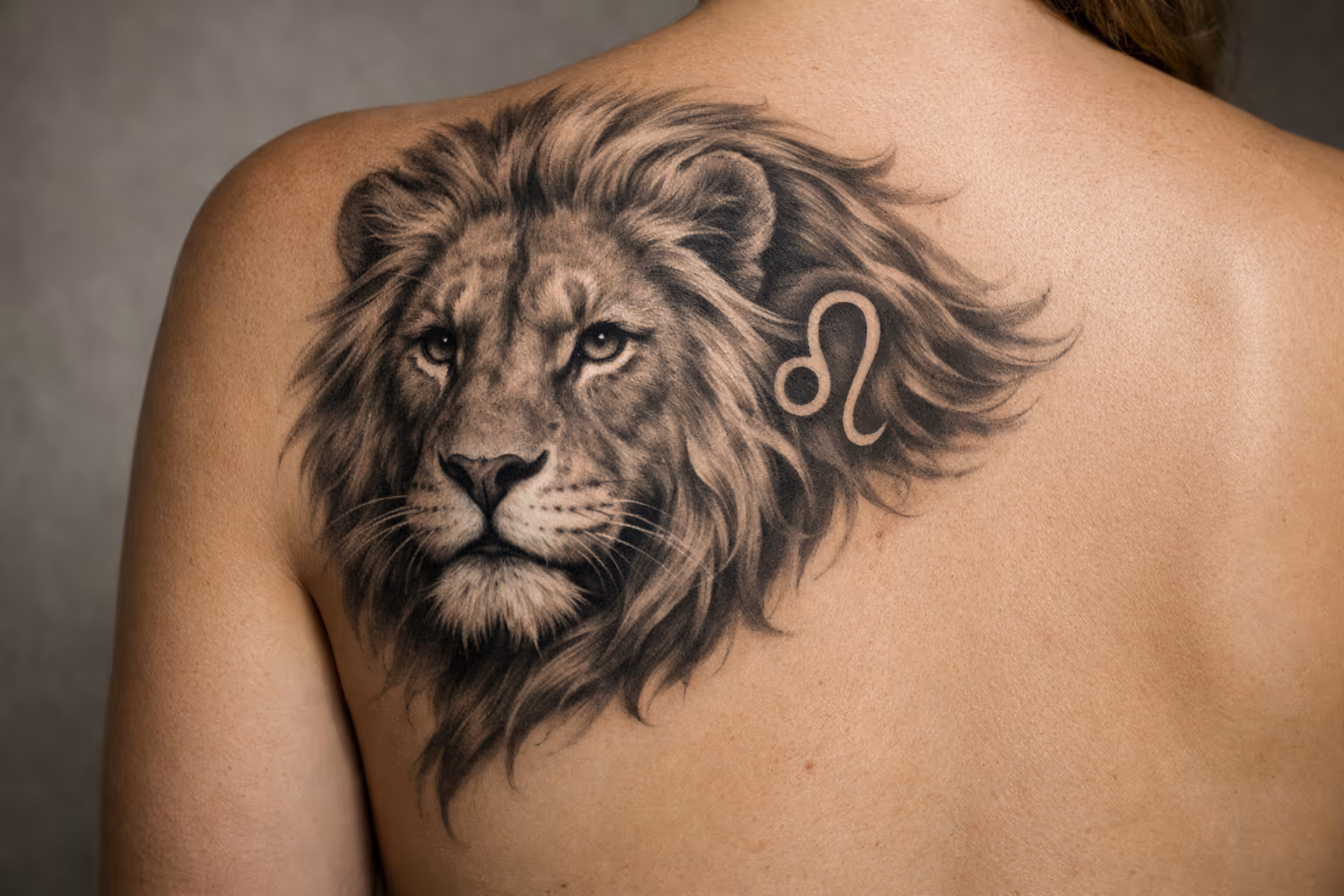 A person with a detailed lion and Leo zodiac symbol tattoo on their upper back.