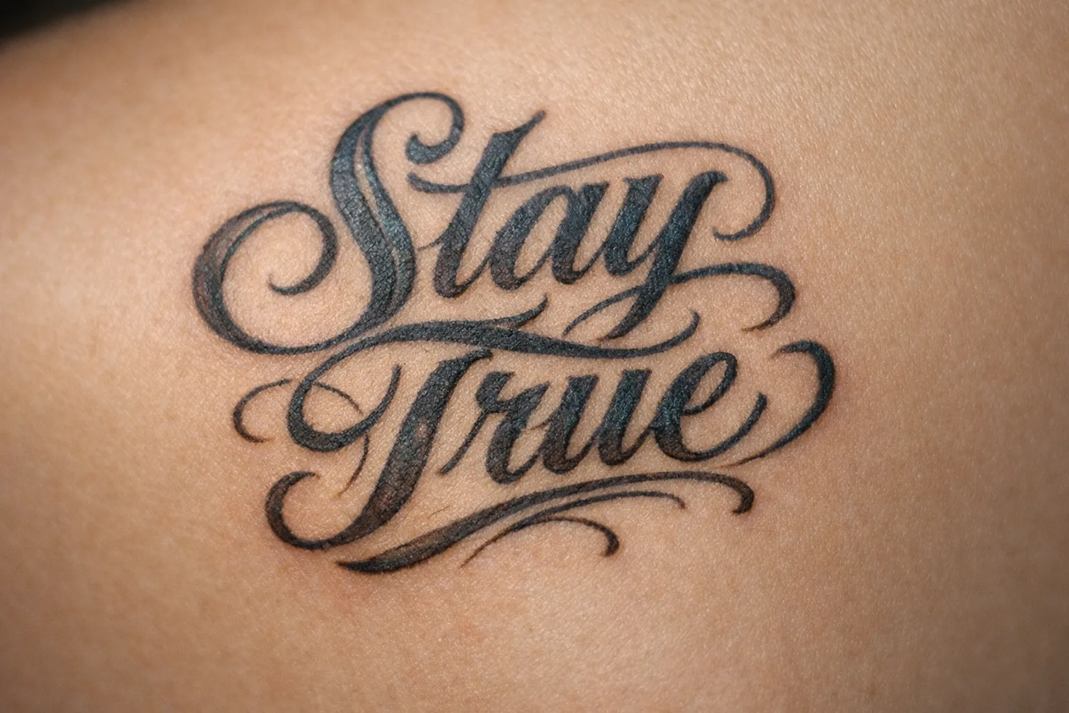 Script lettering tattoo reading 'Stay True' on bare skin.