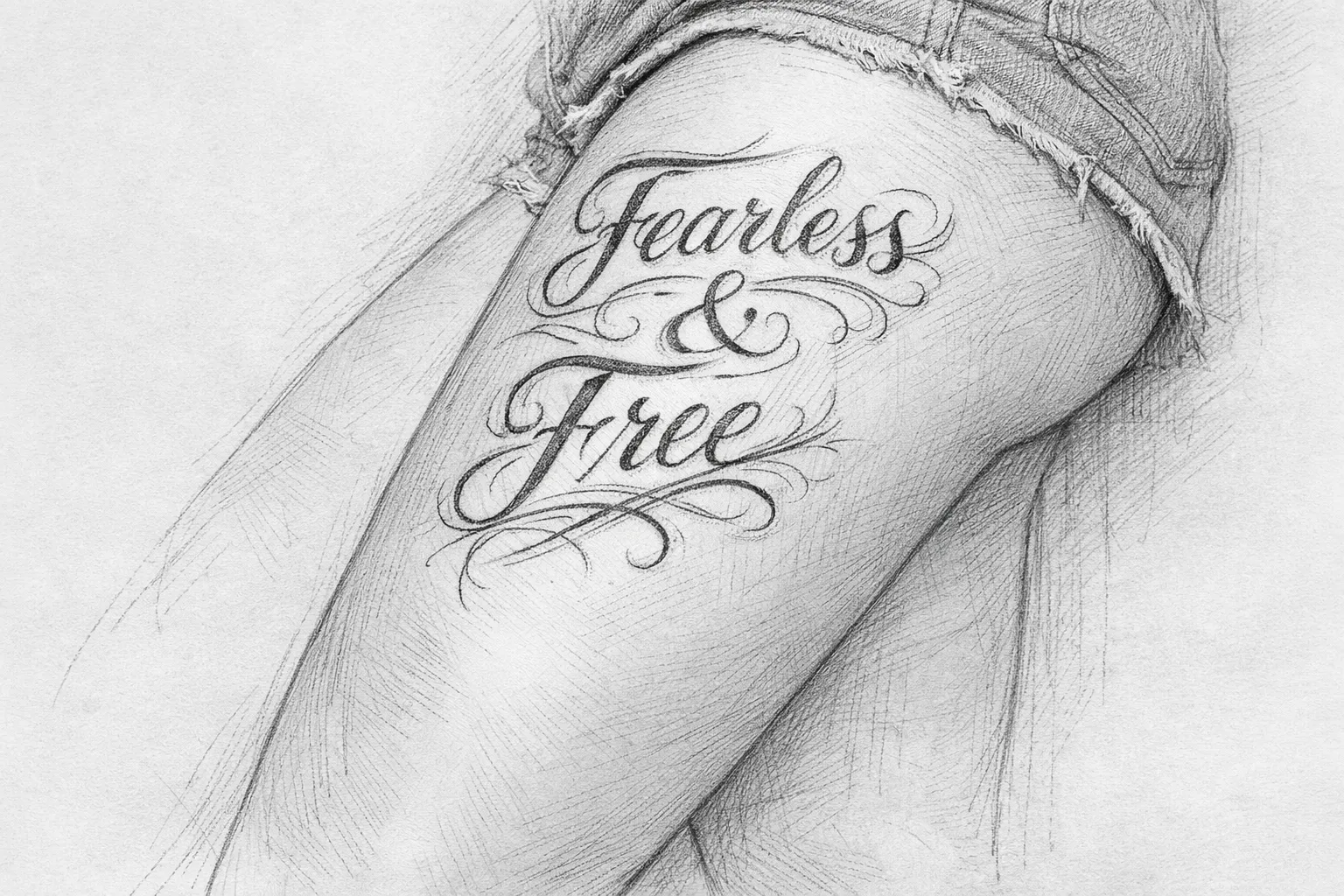 A person's upper thigh with 'Fearless & Free' tattooed in cursive script, partially covered by denim shorts.