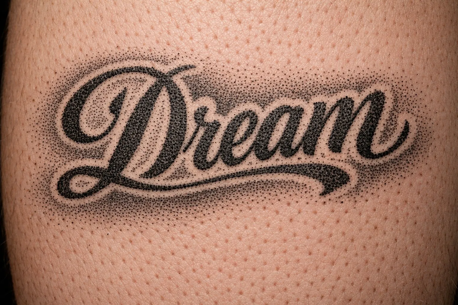A close-up of skin with a tattoo reading 'Dream' in bold script lettering.