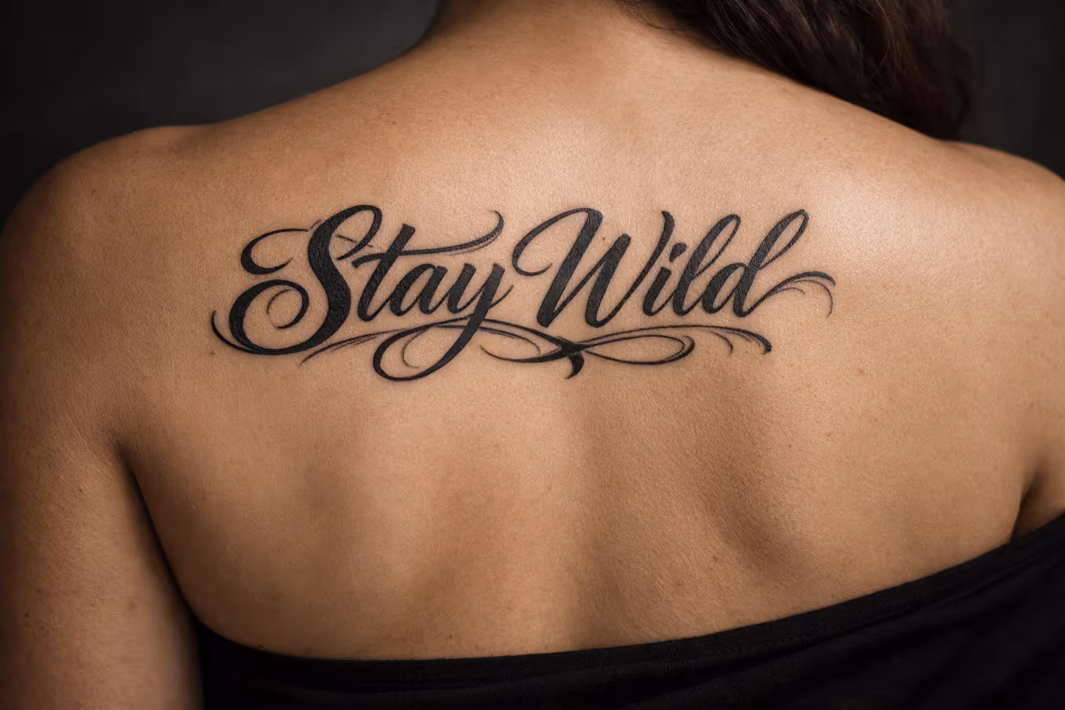A person with a large 'Stay Wild' script tattoo across their upper back.