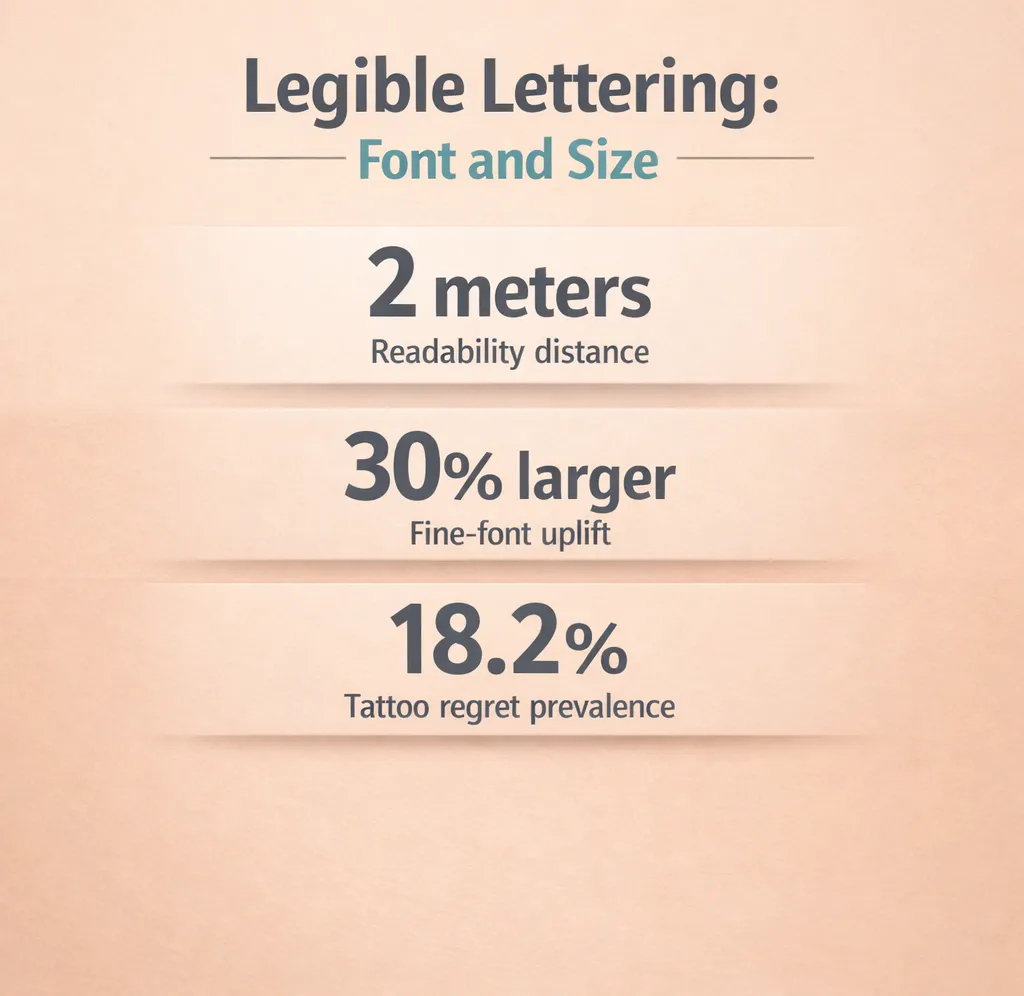 Infographic of lettering tattoo legibility targets: 2 meters readability, a 30% fine-font uplift and 18.2% regret prevalence.