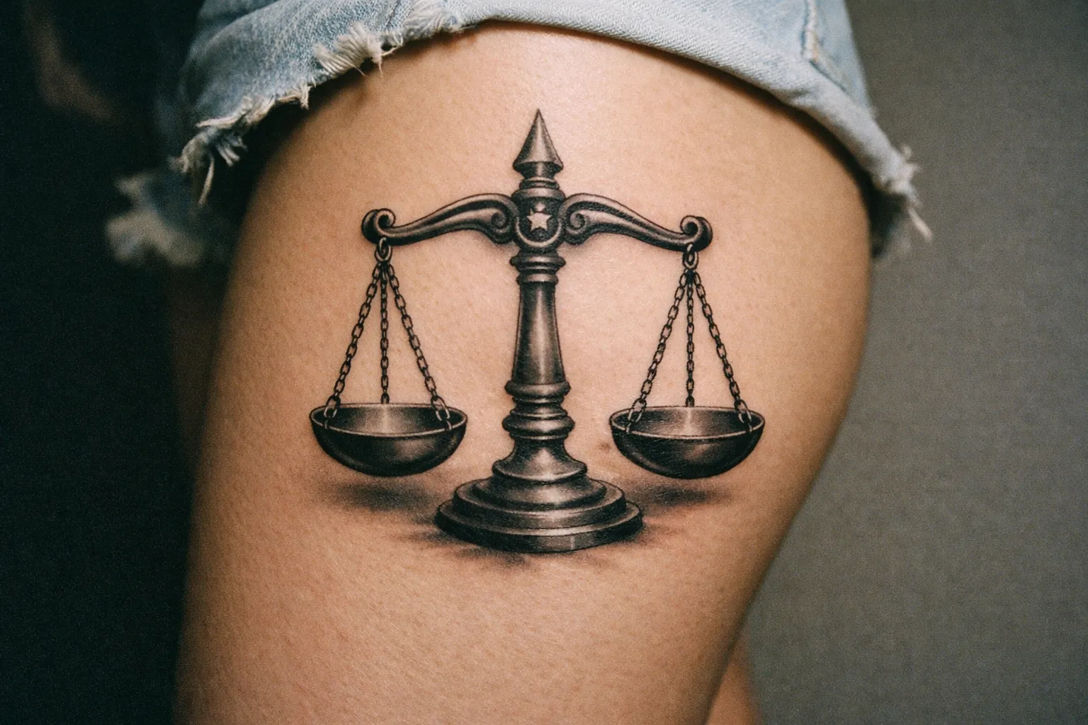 A realistic scales of justice tattoo on a person's upper thigh with denim shorts visible.