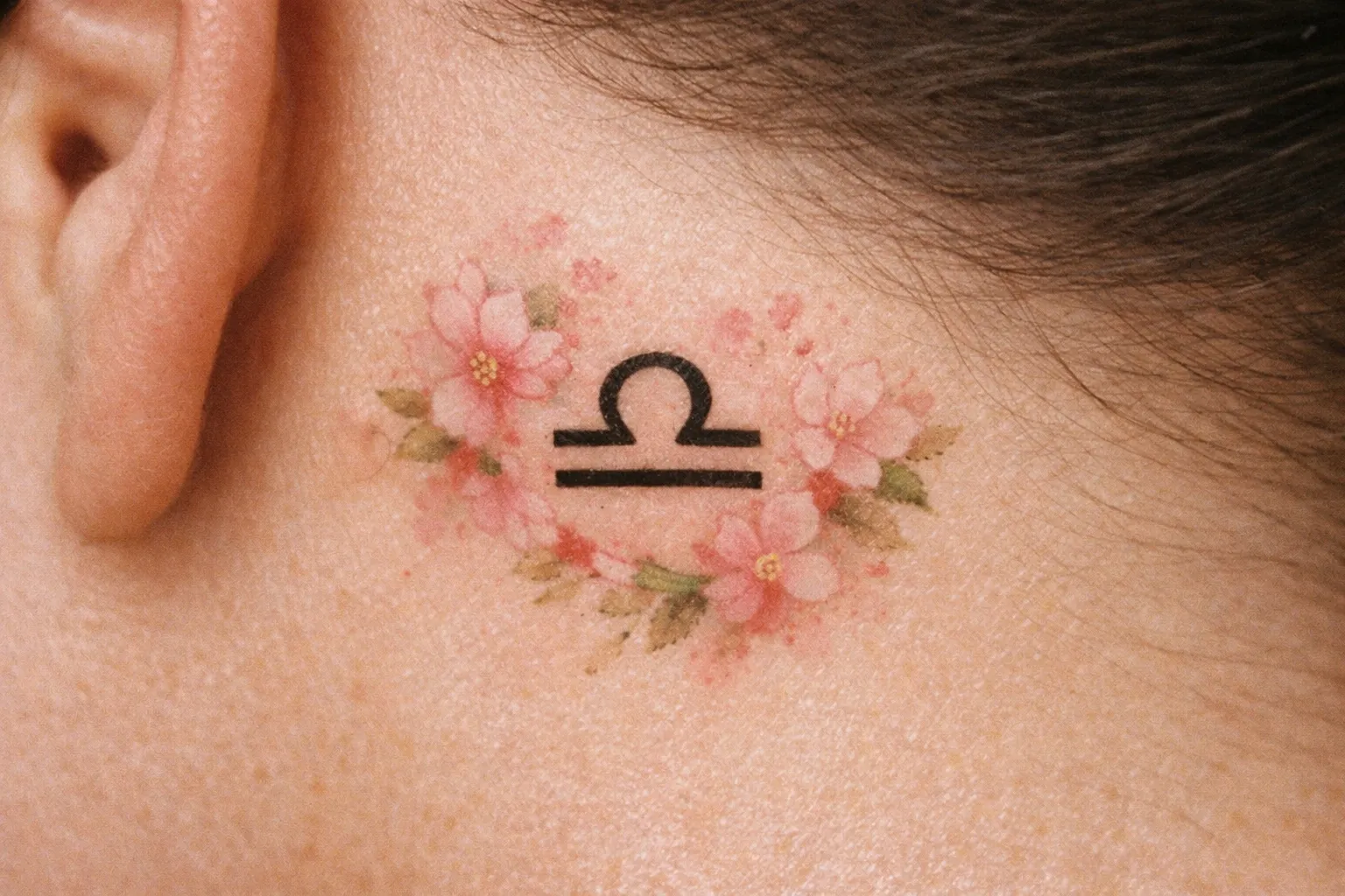 A Libra symbol tattoo surrounded by pink flowers behind a person's ear.