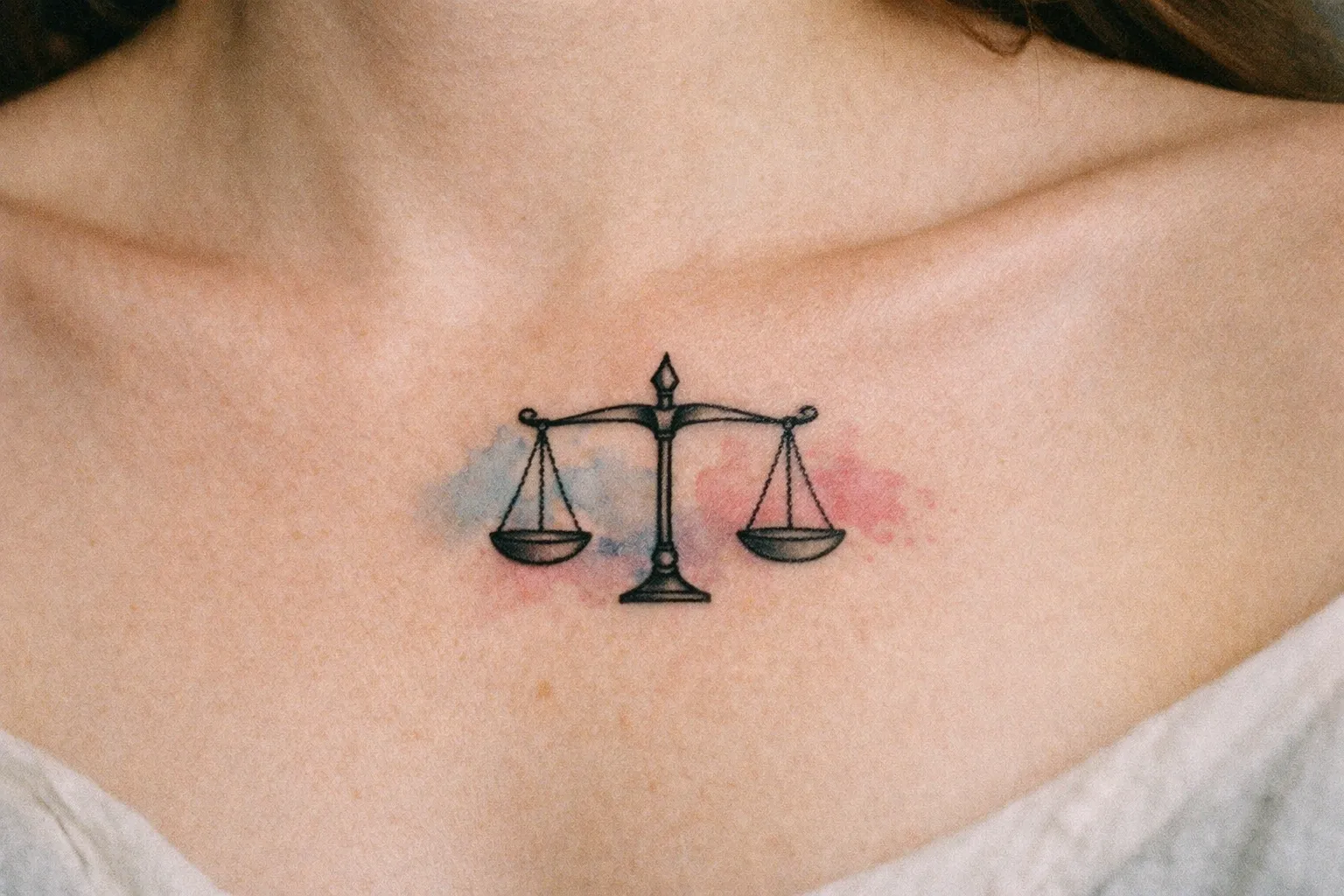A person with a scales of justice tattoo on their upper chest.