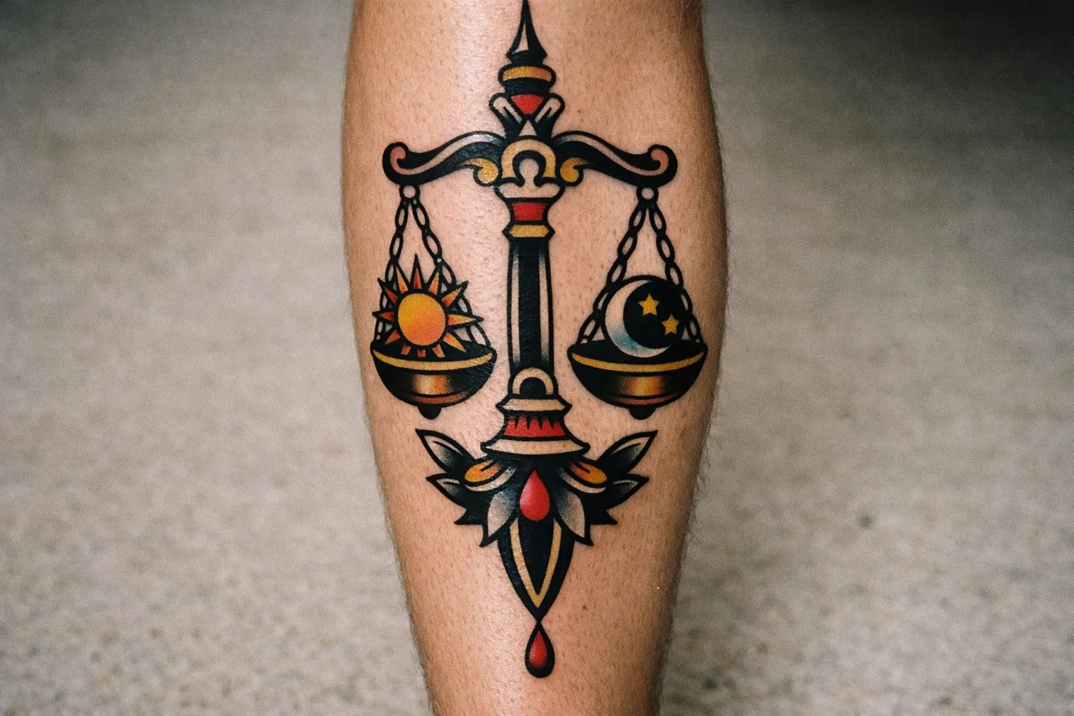 Tattoo of Libra scales with sun and moon on the back of a person's leg.