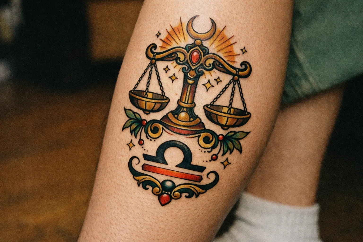 A colorful Libra symbol and scales tattoo on a person's calf.