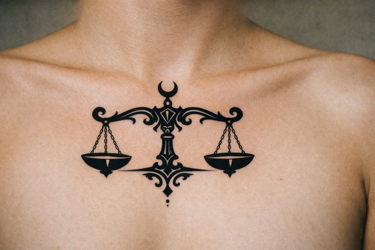 A person with a large black Libra scales tattoo on their chest.