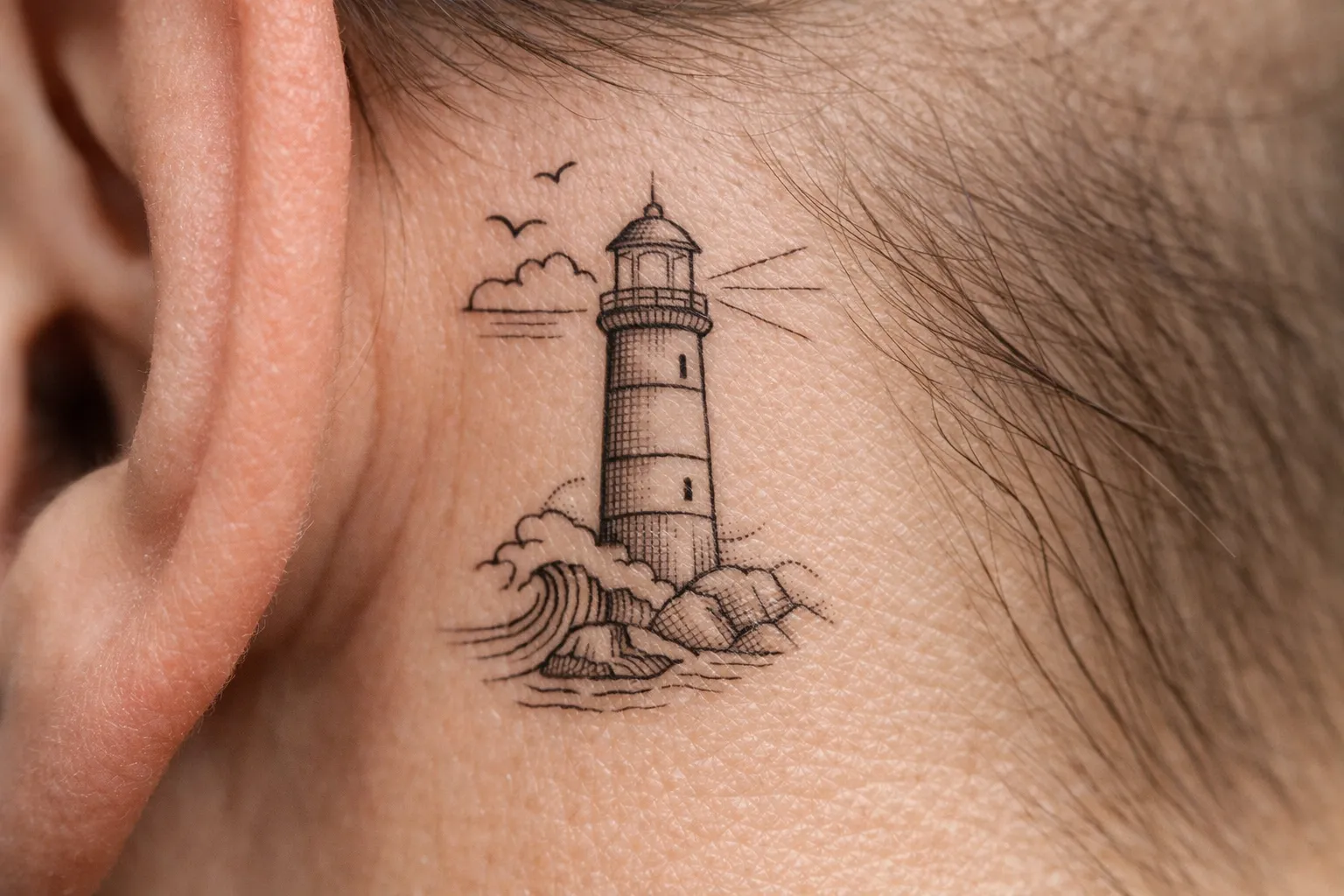 A lighthouse tattoo is visible behind a person's ear, surrounded by waves and birds.