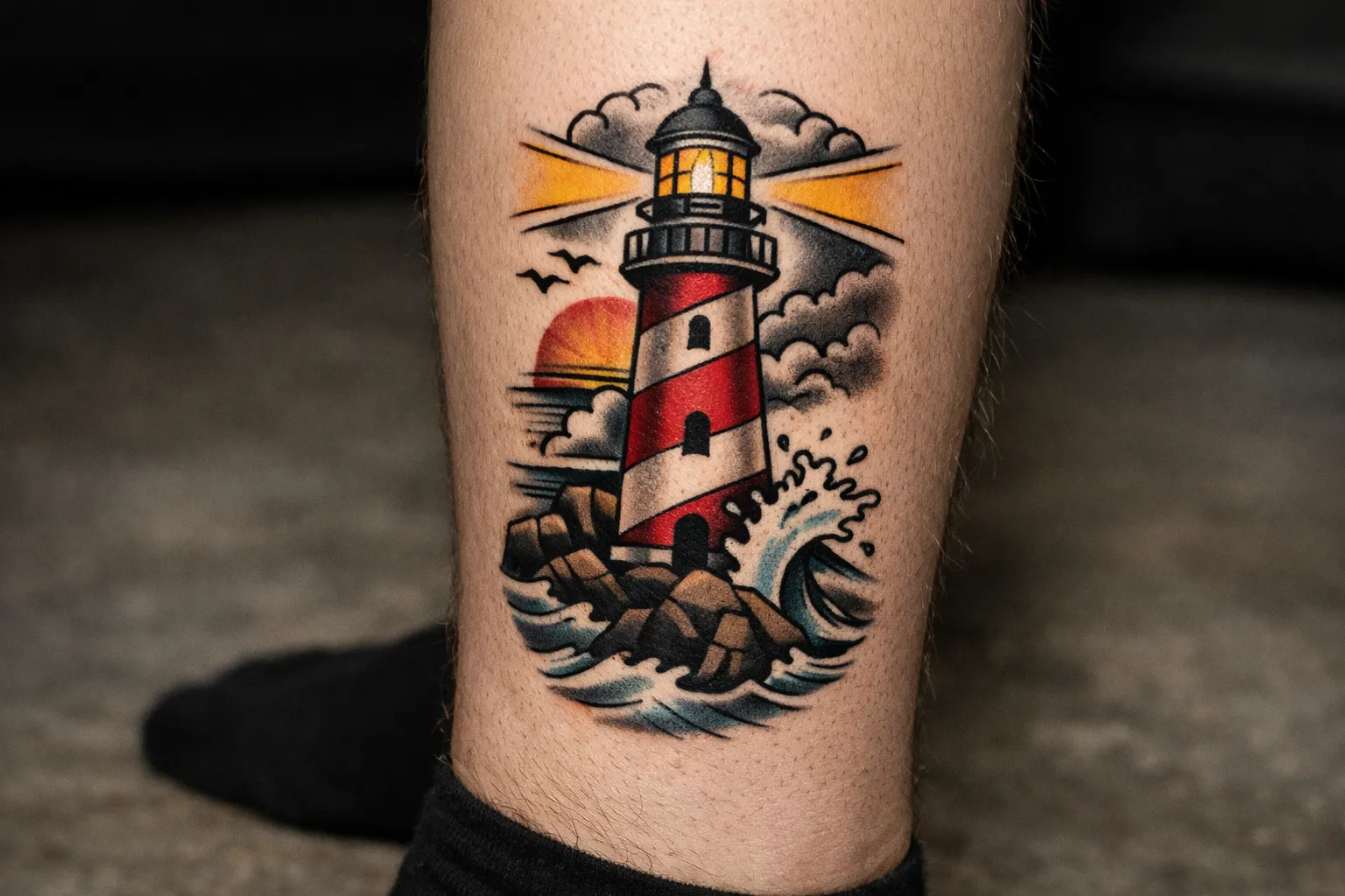 A tattoo of a red and white lighthouse with waves and a sunset on a person's lower leg.