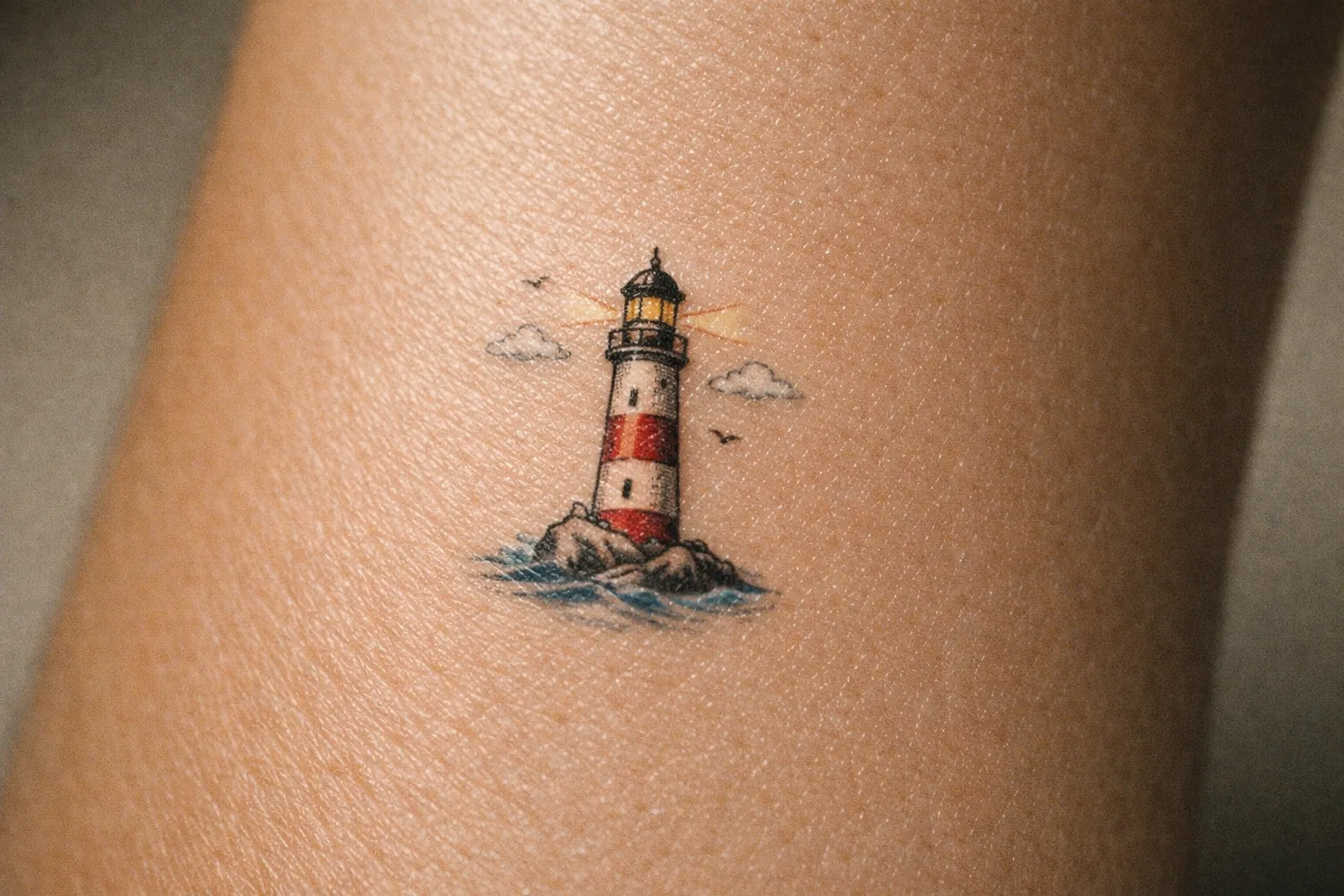 Macro shot of a small lighthouse tattoo on a forearm showing crisp micro linework