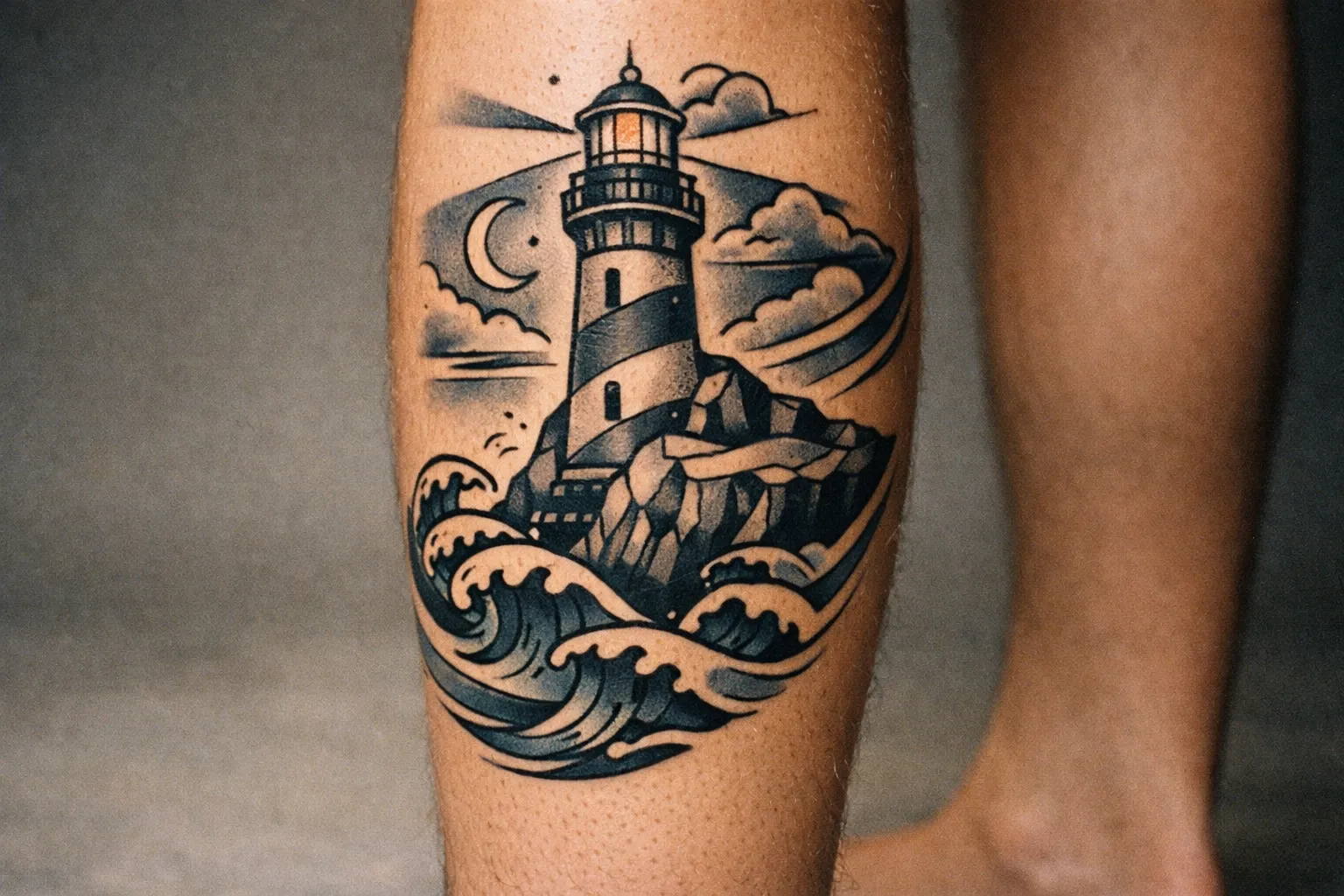 Lighthouse tattoo on the calf in a neo-traditional style with waves and cliff