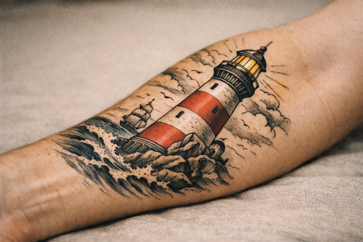 Editorial close-up of a large lighthouse tattoo wrapping around a forearm, photographed in soft studio light