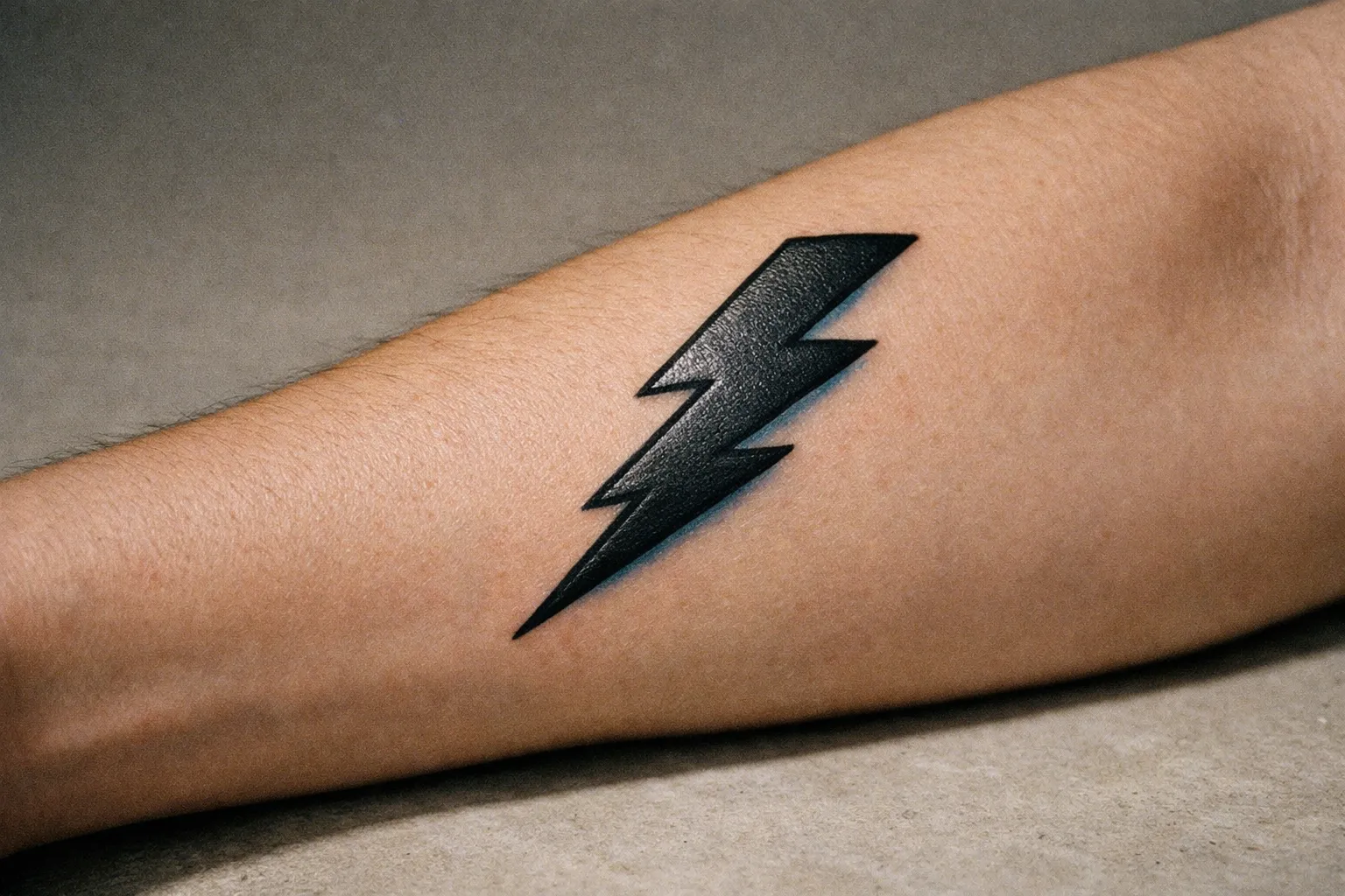 Close-up of a bold black lightning bolt tattoo along a forearm