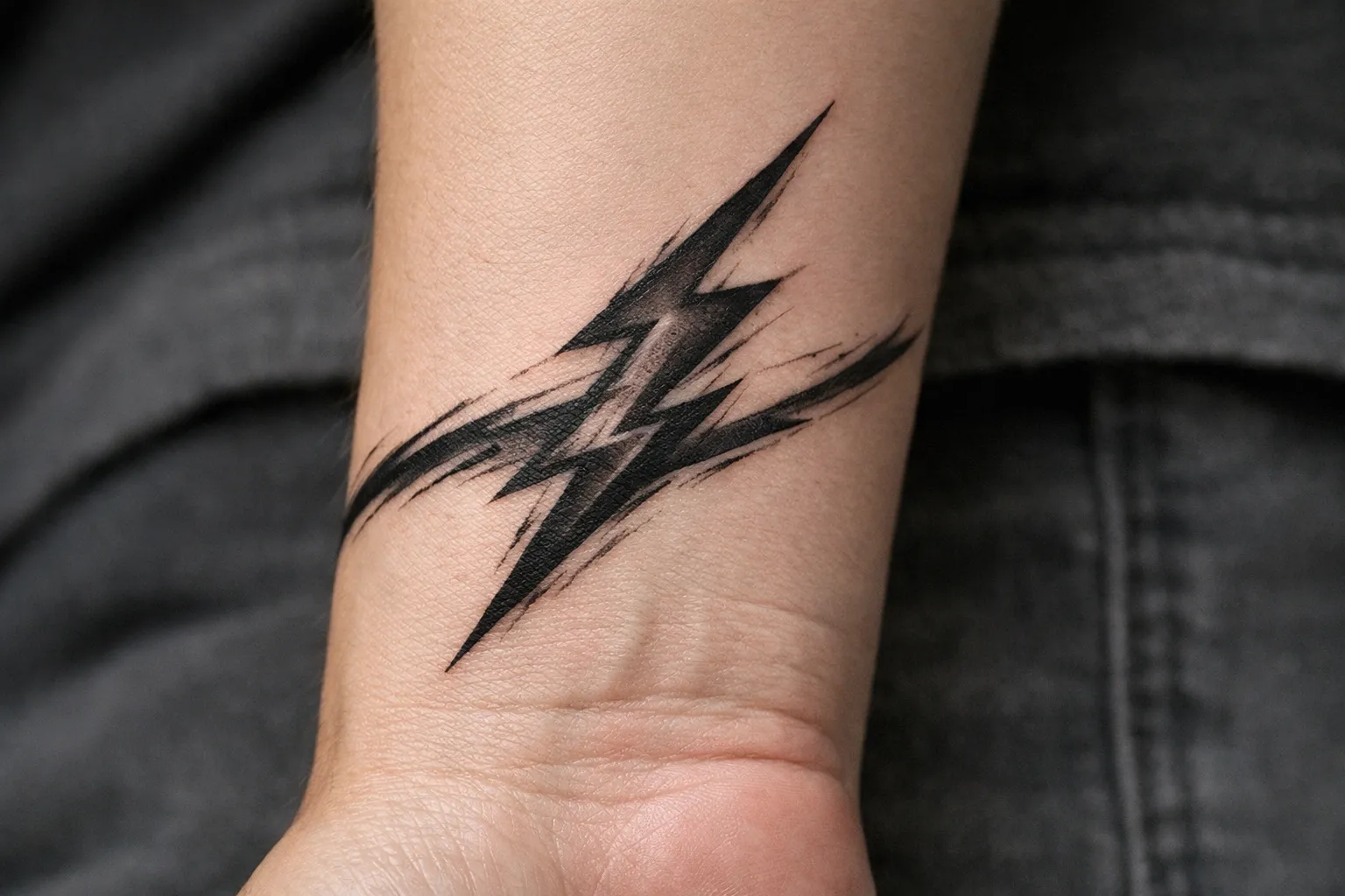 A black lightning bolt tattoo on the inner wrist of a person wearing dark clothing.
