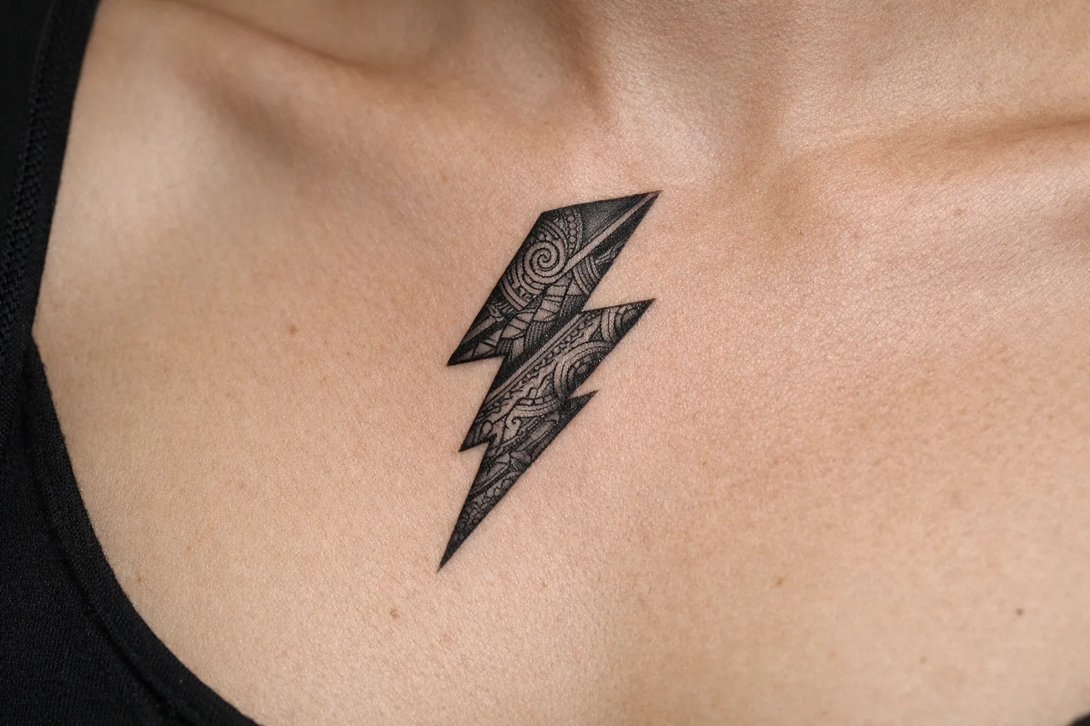 A lightning bolt tattoo with intricate patterns on a person's upper chest.