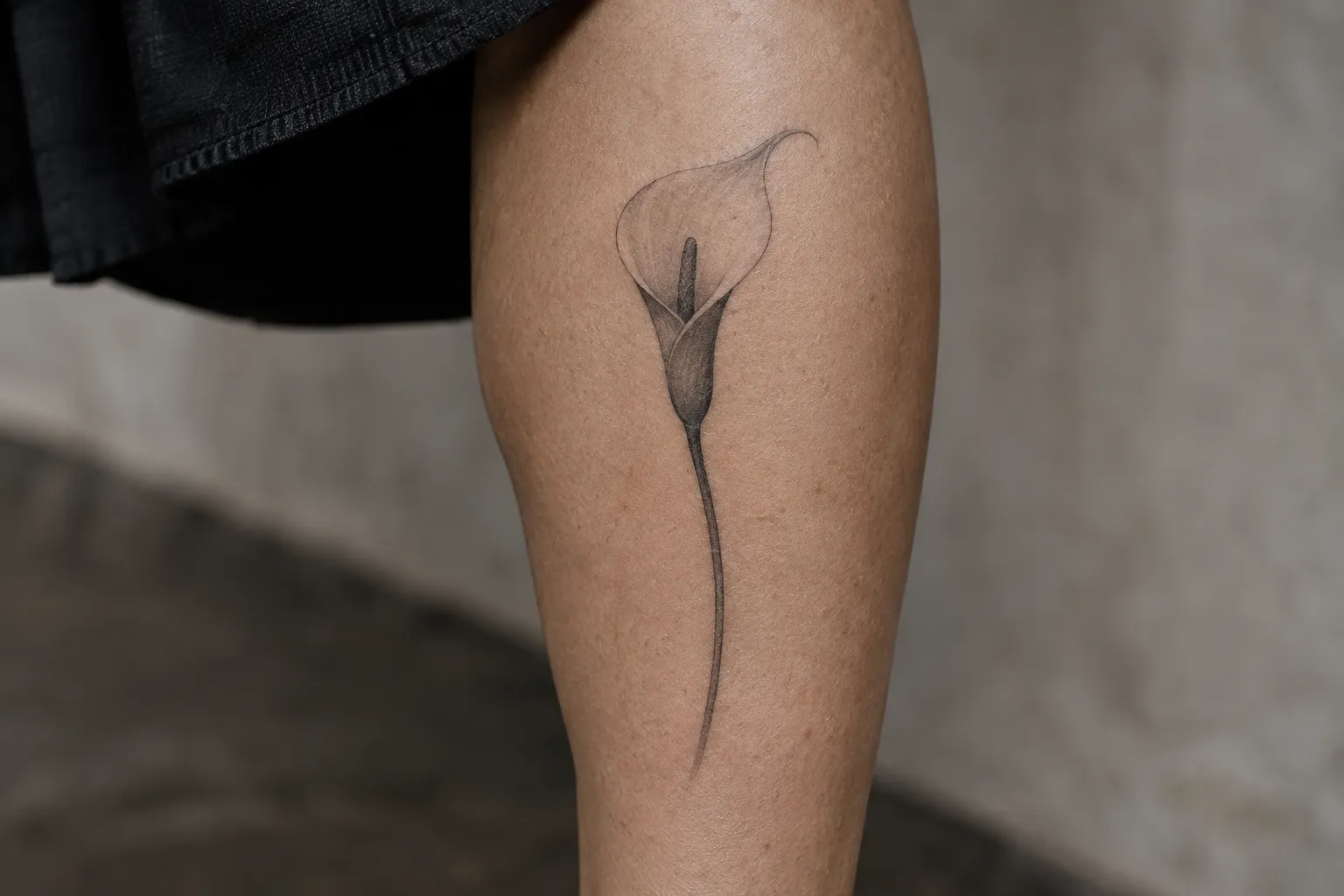 Healed black-and-gray calla lily tattoo on the outer calf: one curved spathe around a slim spadix on a long stem