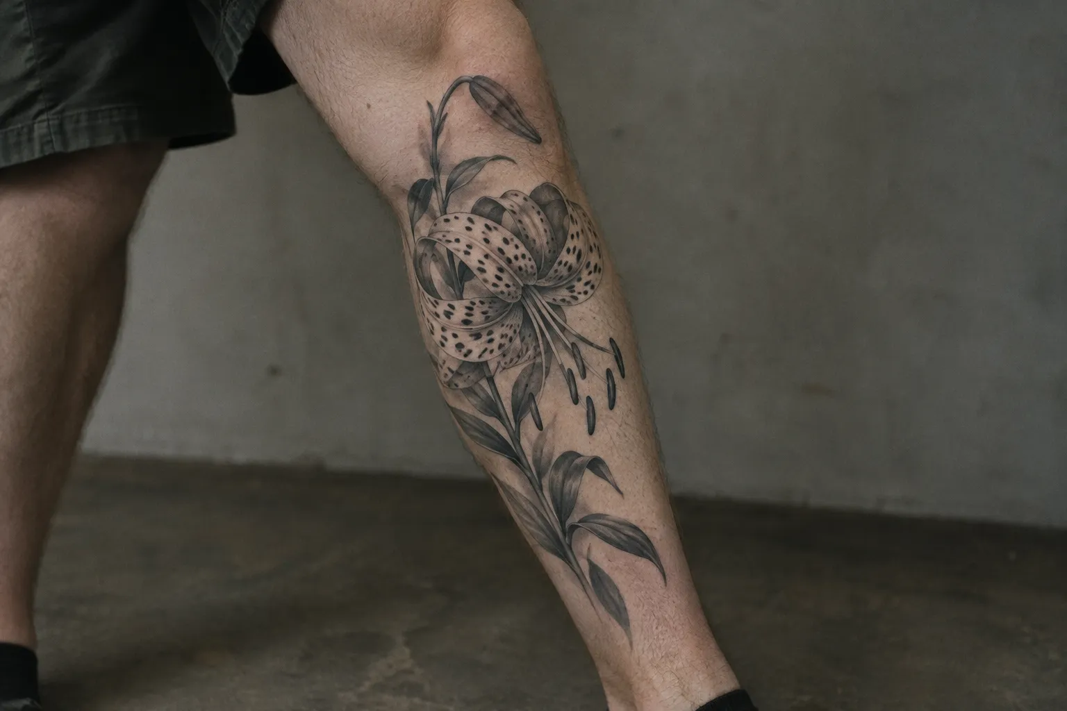 A person shows a tiger lily tattoo running along their lower leg.