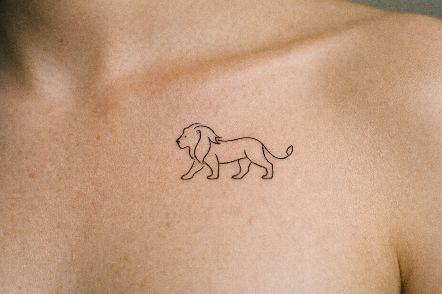 A simple line tattoo of a lion on a person's upper chest near the collarbone.