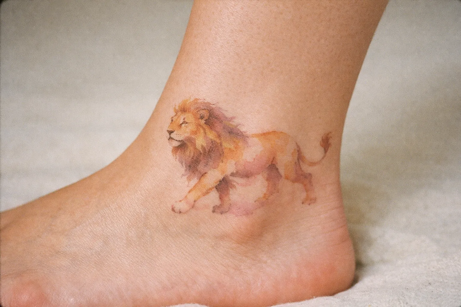 A lion tattoo is visible on the side of a person's ankle and foot.