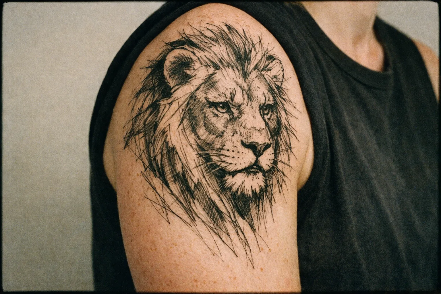A person with a detailed lion tattoo on their upper arm.