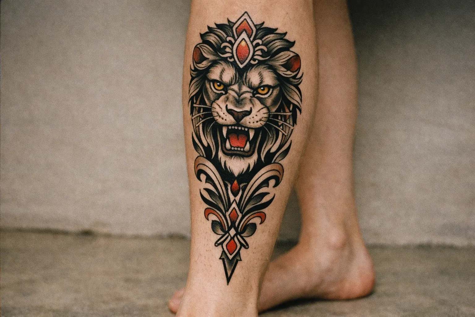 A person displays a detailed lion tattoo on the back of their lower leg in an indoor setting.