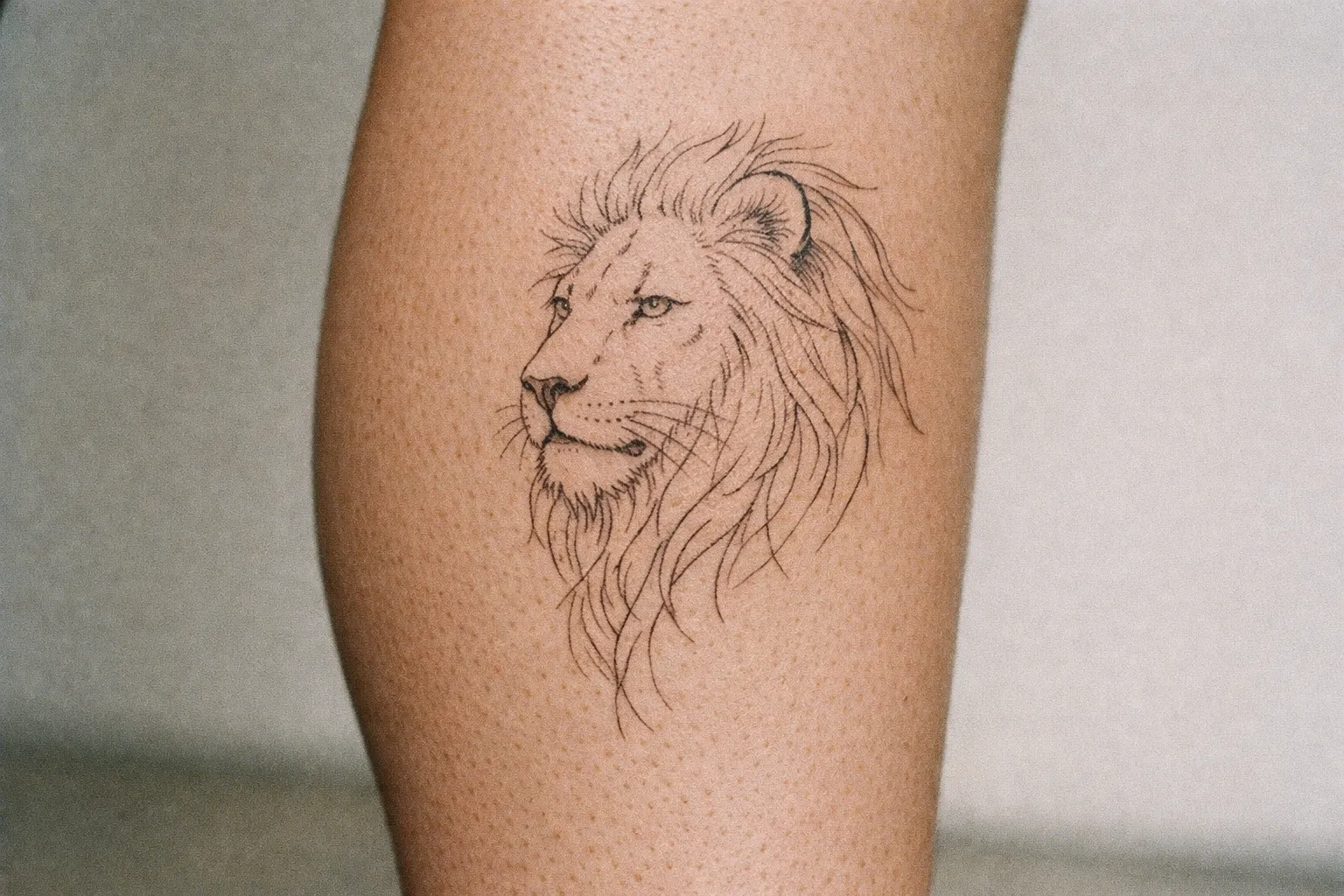 A lion head tattoo is inked on the side of a person's lower leg.
