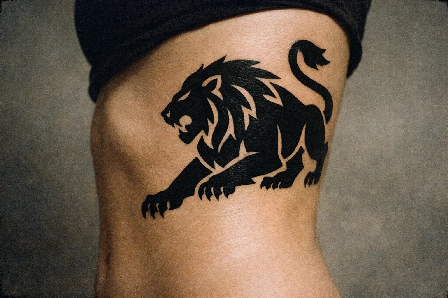 A black lion tattoo is inked on a person's side torso against a neutral background.