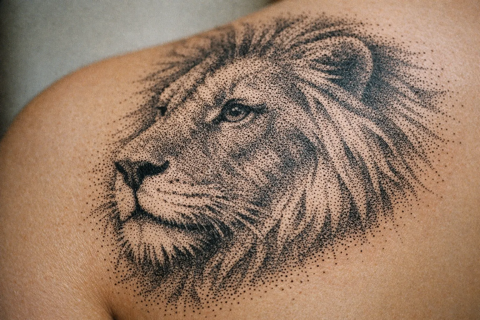 A detailed lion tattoo is inked on a person's upper back.